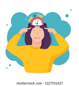 Inside woman’s head time management concept. Open mind with alarm clock inside. Stress of deadline and being late. Vector illustration isolated on white