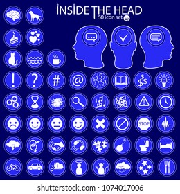 Inside The Heads. 50 icon set imitating feelings, emotions, thoughts and moods.
