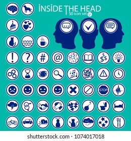 Inside The Heads. 50 icon set imitating feelings, emotions, thoughts and moods.
