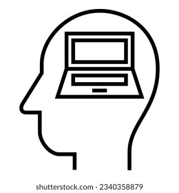 Dentro de la cabeza humana. Portátil. Cuaderno. Programador. Desarrollador. Ilustración de diseño de símbolos vectores de iconos.