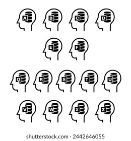 Inside of human head. Stack of money. Pile of coins. Oil drum. With Alphabet.  Icon Vector Design Illustration.