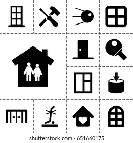 Inside icon. set of 13 filled insideicons such as sliding doors, window, door, no standing nearby, love home, table tennis, entrance, core, family house