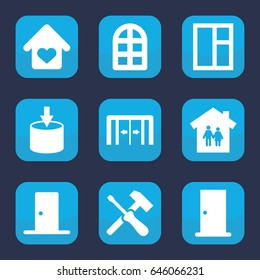 Inside icon. set of 9 filled inside icons such as sliding doors, window, door, love home, entrance, family house