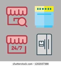 inside icon set. vector set about dishwasher, store, fridge and open icons set.