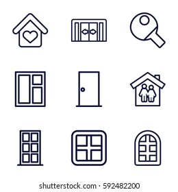 inside icons set. Set of 9 inside outline icons such as sliding doors, window, door, love home, table tennis