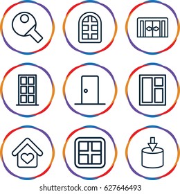 Inside icons set. set of 9 inside outline icons such as sliding doors, window, door, love home, table tennis