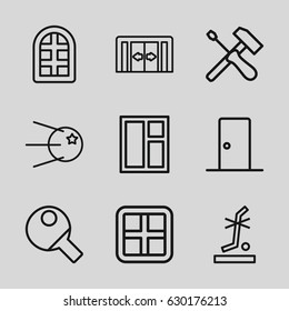 Inside icons set. set of 9 inside outline icons such as sliding doors, window, no standing nearby, door, table tennis, core