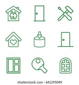 Inside icons set. set of 9 inside outline icons such as window, door, love home, table tennis, entrance, family house