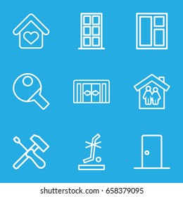 Inside icons set. set of 9 inside outline icons such as sliding doors, door, window, no standing nearby, love home, table tennis, family house