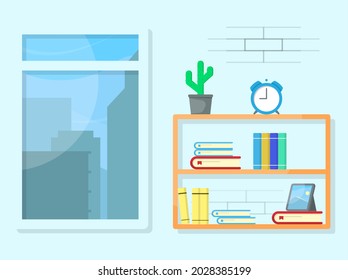 inside or indoor view apartment room in the city. set of wall background with bookshelf and windows. stock vector eps10, 100% editable. minimalist style. soft colors. flat design illustration.