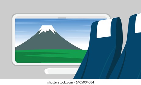 Inside interior landscape view from the train in japan with landscape view of mountain hill outside(mount Fujiyama in Yamanashi, Japan)