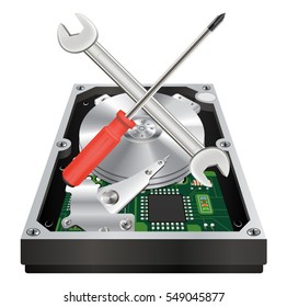 inside of a internal harddisk with wrench and screwdriver