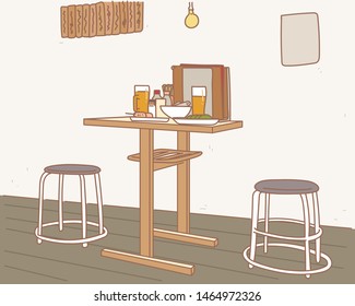 Inside Of Japanese Style Pub. A Table With A Glass Of Beer. Hand Drawn Style Vector Design Illustrations. 