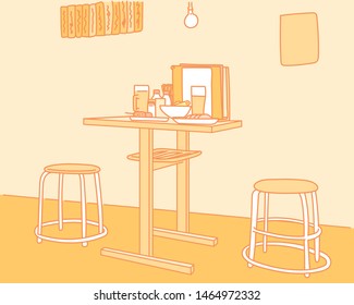 Inside Of Japanese Style Pub. A Table With A Glass Of Beer. Hand Drawn Style Vector Design Illustrations. 