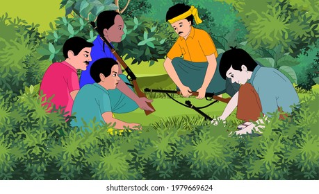 Inside the jungle, guerrilla fighters are preparing for battle - illustration