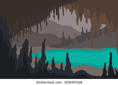 Inside large empty rocky cave. Dark ceiling with stalactites. Stalagmite grotto ground. Underground turquoise lake