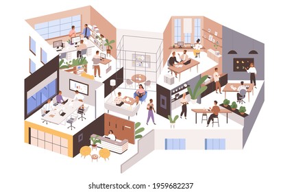 Inside Large Office With Different Rooms, Work Areas And Spaces. Modern Workspace Interior With People. Company As Big Organism Concept. Colored Flat Graphic Vector Illustration Isolated On White