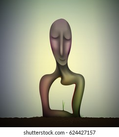 inside the man soul, happy and satisfied soul, nature feelings, smile surrealism sculpture, Earth dream, plant alive idea, vector