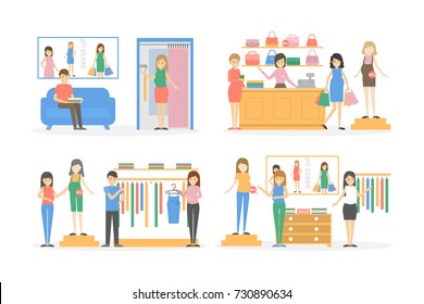 Inside maternity shop set. Pregnant women buying clothes on white background.