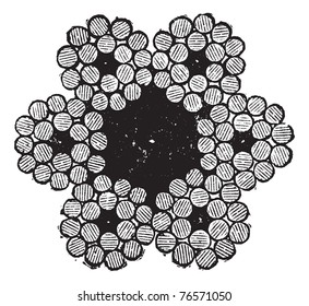 Inside of a metal cable with a core of hemp vintage illustration, isolated against a white background. Trousset encyclopedia