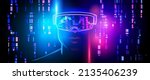 Inside the metaverse. Silhouette of a human face in augmented or virtual reality headset. Abstract digital world on dark blue background. Vector illustration