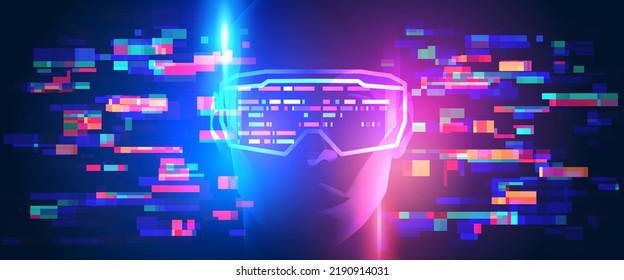 Inside the metaverse. Silhouette of a human face in augmented or virtual reality headset. Abstract digital world with glitch effect. Vector illustration