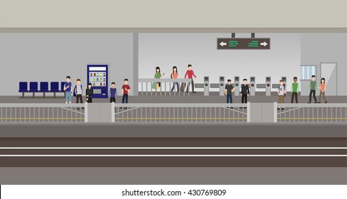 inside metro subway station , ticket vending machine and ticket gate , flat style vector