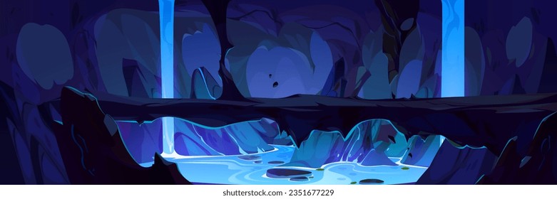 Inside mine cave cartoon game background vector scene. Dark cavern drawing with bridge, underground river and fantasy waterfall. Scary fairy tale mysterious panorama for adventure mobile rpg design