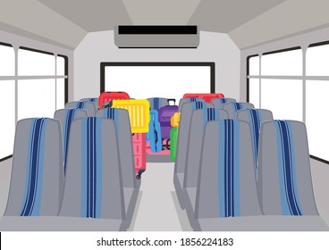 Inside Of Mini Bus (5 Rows Of Seats). Luggage Is Stored Tightly Packed On The Last 2 Rows Of The Mini Bus. Vector Flat Illustration