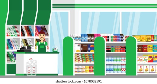 Inside a mini market with a woman standing behind the counter and register machine and surrounded by products. Editable vector flat design. Suitable for motion asset and avatar. 