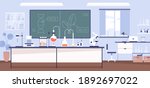 Inside modern scientific chemical laboratory or chemistry classroom interior. Microscope, glass tubes, flaks and other instruments and equipment for analysis and research. Flat vector illustration