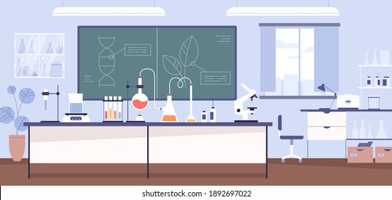 Inside modern scientific chemical laboratory or chemistry classroom interior. Microscope, glass tubes, flaks and other instruments and equipment for analysis and research. Flat vector illustration - Shutterstock ID 1892697022