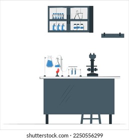 Inside modern scientific chemical laboratory or chemistry classroom interior. Microscope, glass tubes, flaks and other instruments and equipment for analysis and research. Flat vector illustration