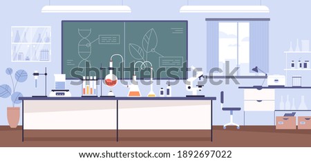 Inside modern scientific chemical laboratory or chemistry classroom interior. Microscope, glass tubes, flaks and other instruments and equipment for analysis and research. Flat vector illustration