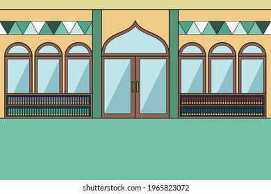 Inside The Mosque With a Bookshelf in The Background. Vector Illustration. Children's Book.