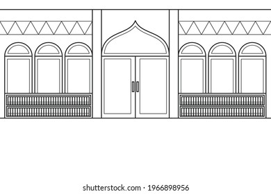 Inside The Mosque With a Bookshelf in The Background. Vector Illustration. Coloring Book.