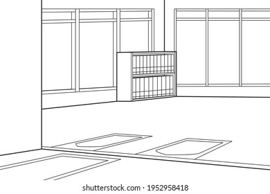 Inside The Mosques During The Pandemic Implemented Social Distancing. Vector Illustration. Coloring Book Illustration.
