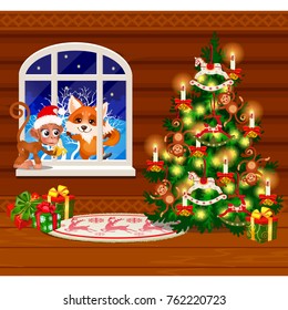 Inside the old cozy wooden village house. Home furnishings. Christmas tree with gift boxes. Sketch of festive poster, party invitation, other holiday card. Vector cartoon close-up illustration. 