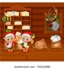 Inside the old cozy wooden village house. Home furnishing. Santa's helpers read letters. Sketch of Christmas festive poster, party invitation, other holiday card. Vector cartoon close-up illustration.