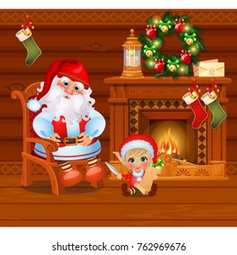 Inside the old cozy wooden village house. Home furnishings. Santa Claus and the boy assistant. Sketch of Christmas festive poster, party invitation, holiday card. Vector cartoon close-up illustration.