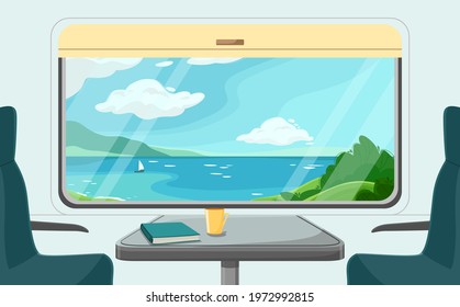 The inside of a passenger train. View from the carriage to the summer seascape. Modern vector illustration. Travel to beautiful places. Summer vacation at the sea.