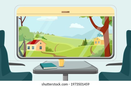 The inside of a passenger train. View from the carriage to the summer landscape. Modern vector illustration. Travel to beautiful places.