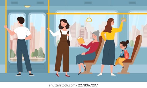 Inside public transport. People travel by train, urban infrastructure. Passengers and tourists inside vagon. Journey and trip. Citizens reading, standing and talking. Cartoon flat vector illustration