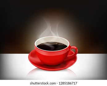 Inside the red glass with hot coffee and smoky bubbles that show fresh heat The background is dark brown. There is a light on the back, placed on the table, all white as a vecter image.