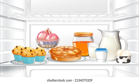 An inside the refrigerator with food illustration