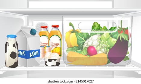 An inside the refrigerator with food illustration