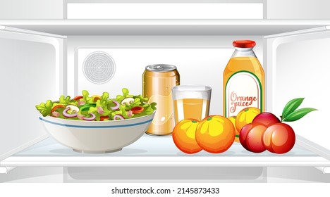 An inside the refrigerator with food illustration