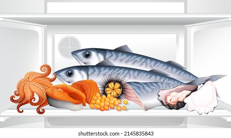 An inside the refrigerator with sea food illustration