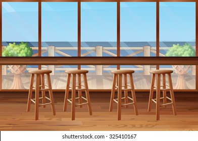 Inside of restaurant with stools and bar illustration