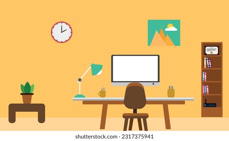 inside a room.
computer ,desk,table,chair vectors.